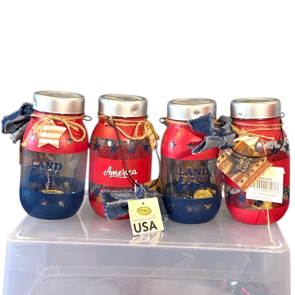 NWT-Patriotic Mason Jar Light Set with Silver Lids